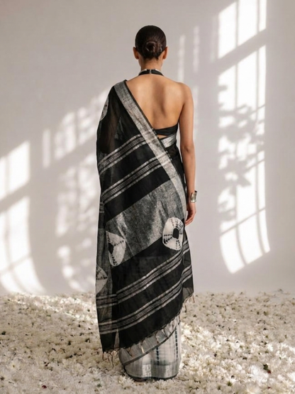 Dhiyona ST Black and White Hand Tie Dye Soft Cotton Saree