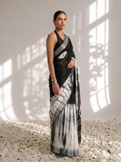 Dhiyona ST Black and White Hand Tie Dye Soft Cotton Saree