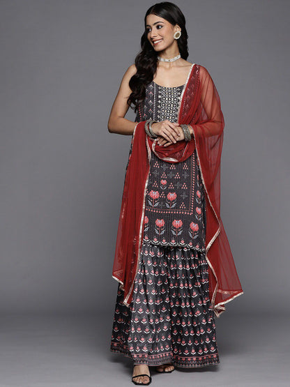 Dhiyona KL Floral Printed Sequinned Sleeveless Kurta with Sharara & Dupatta