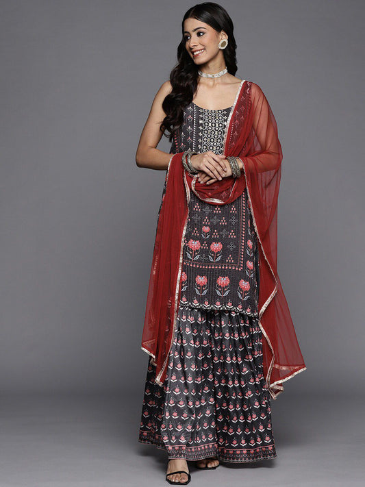 Dhiyona KL Floral Printed Sequinned Sleeveless Kurta with Sharara & Dupatta