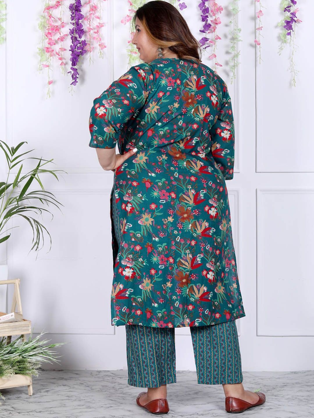 Dhiyona KL Plus Size Floral Printed Regular Pure Cotton Straight Kurta With Trousers & Dupatta