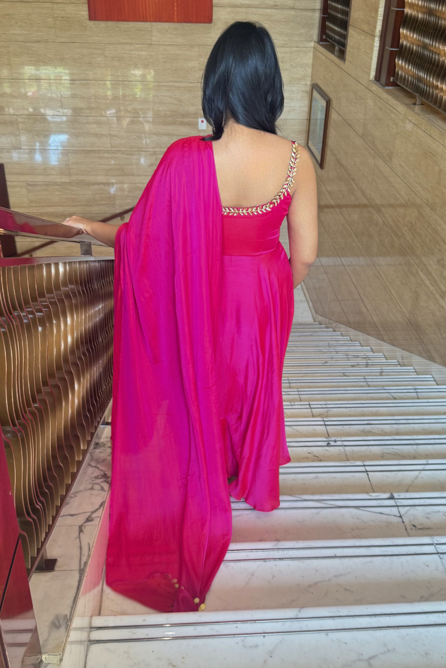 Dhiyona ST 3 pc Suit Set - Fuschia Dual Shade Satin Anarkali Suit with Glass Beads Neck with Pants and Dupatta