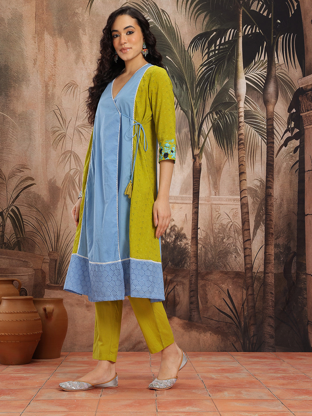 Floral Schiffli Embroidered Angrakha Style Pure Cotton A-Line Republic Day Kurta with Trousers