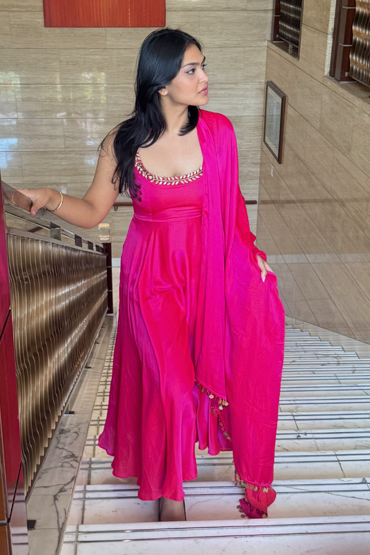 Dhiyona ST 3 pc Suit Set - Fuschia Dual Shade Satin Anarkali Suit with Glass Beads Neck with Pants and Dupatta