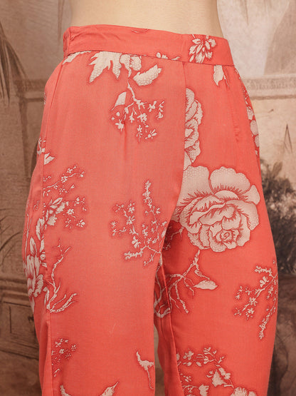Floral Print Thread Work Kurta with Trouser & Dupatta