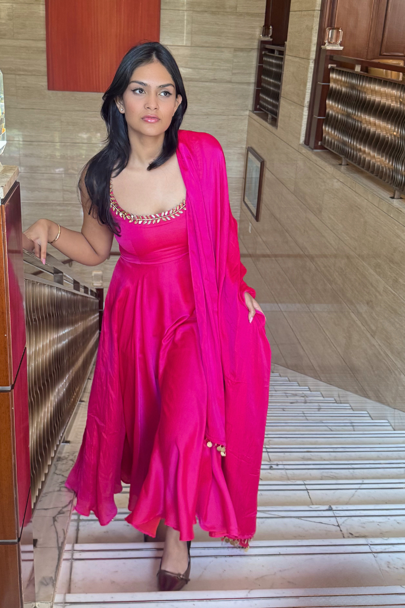 Dhiyona ST 3 pc Suit Set - Fuschia Dual Shade Satin Anarkali Suit with Glass Beads Neck with Pants and Dupatta