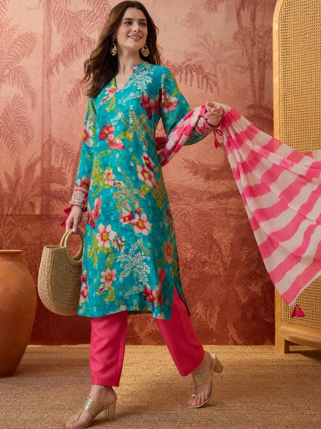 Women Floral Printed Regular Thread Work Kurta with Palazzos & With Dupatta