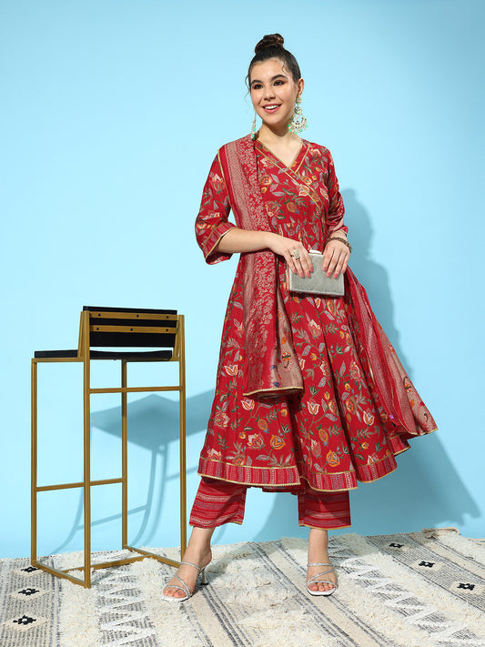 Womens Red Printed Anarkali Kurta With Trousers & Dupatta