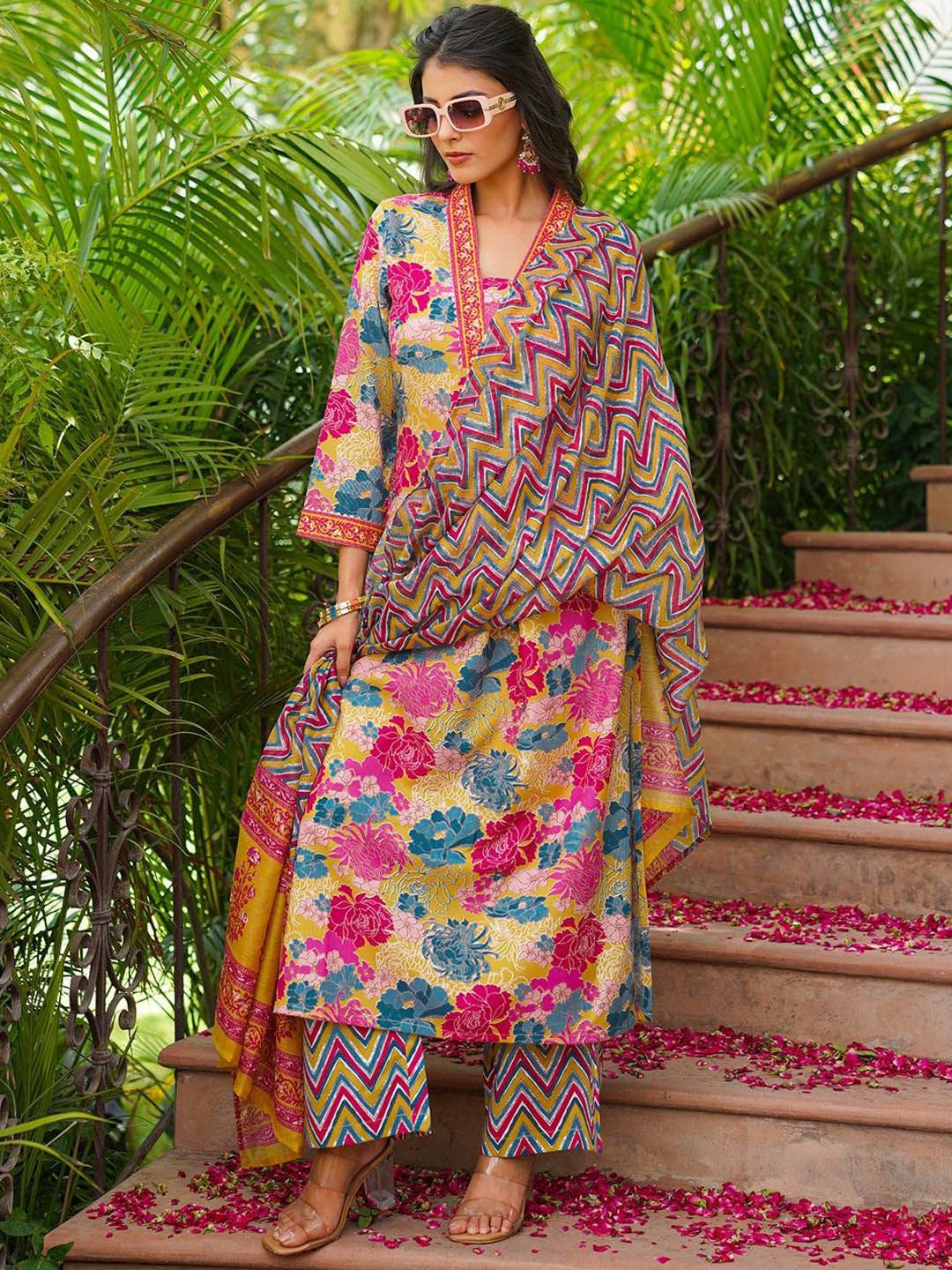 Dhiyona KL Floral Printed Pleated A-Line Kurta With Palazzos & Dupatta