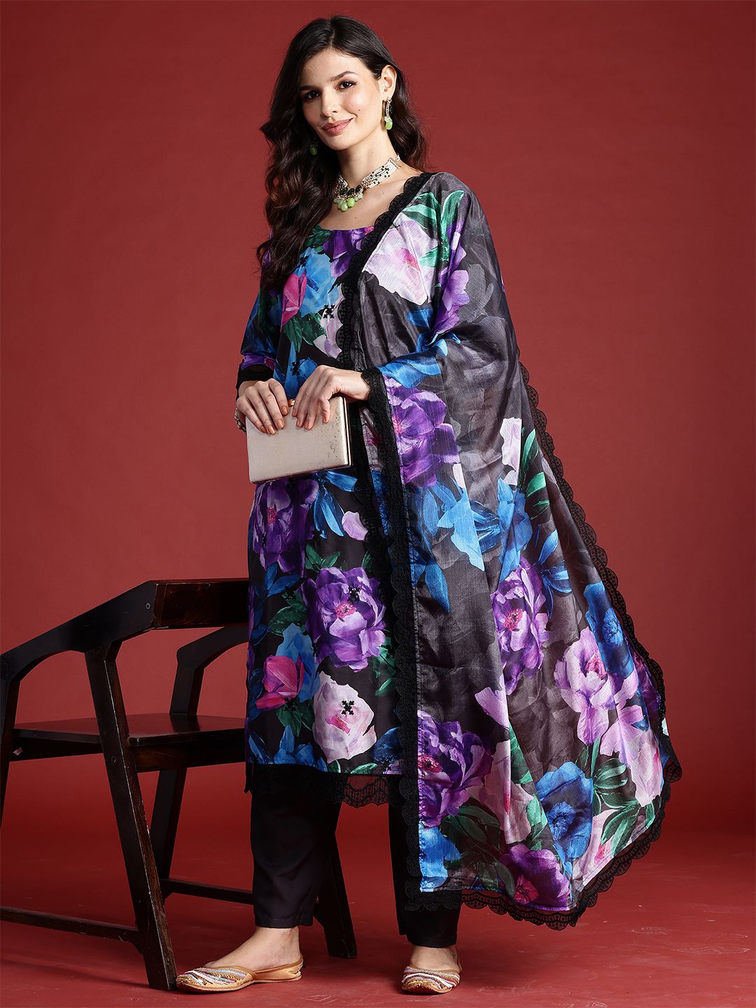 Dhiyona IE Floral Printed Sequinned Kurta With Trousers & Dupatta