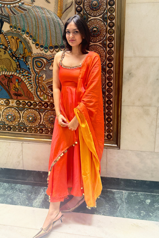 Dhiyona ST 3 pc Suit Set - Orange yellow Dual Shade Satin Anarkali Suit with Glass Beads Neck with Pants and Dupatta