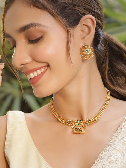 Dhiyona RJ Women's 22K Gold-Plated Green Stone & Gold Beaded Peacock Design Traditional Necklace Set