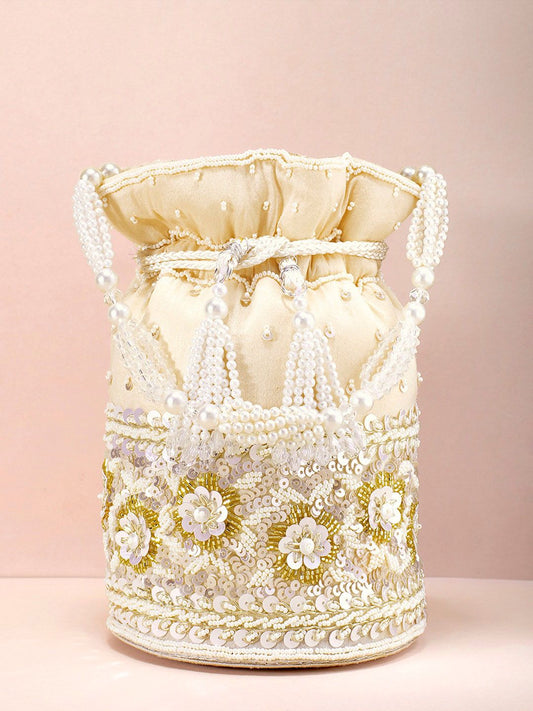 Dhiyona NR Gold-Toned & White Embroidered Potli Clutch