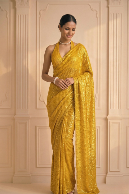 Dhiyona ST Yellow Knitted Sequin Saree with Blouse Fabric