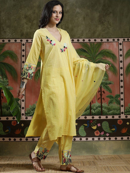 Embroidered Pure Cotton V-Neck Kurta & Trousers Kurta Sets