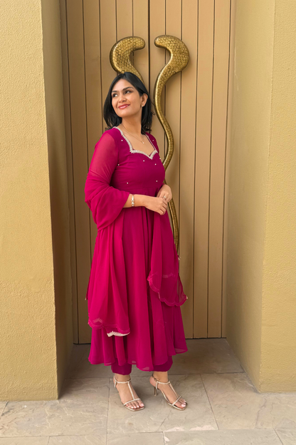 Dhiyona ST 3 pc Suit Set -Rebel Georgette 3/4th Sleeve Anarkali with Embroidery and Dupatta with Pants