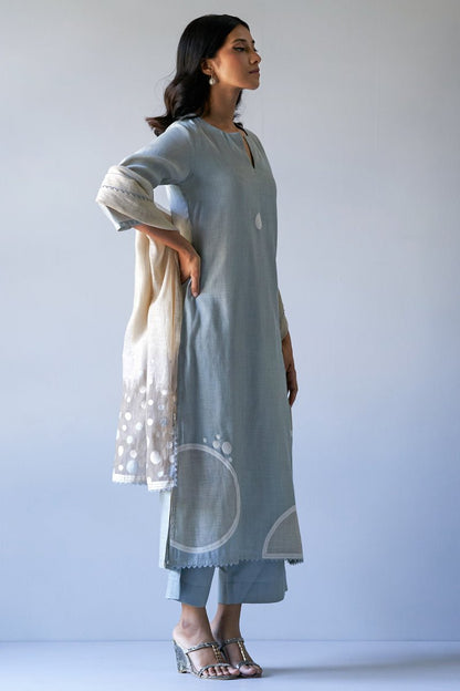 Women's Light Grey Woven Kurta With Cotton Satin Bottom