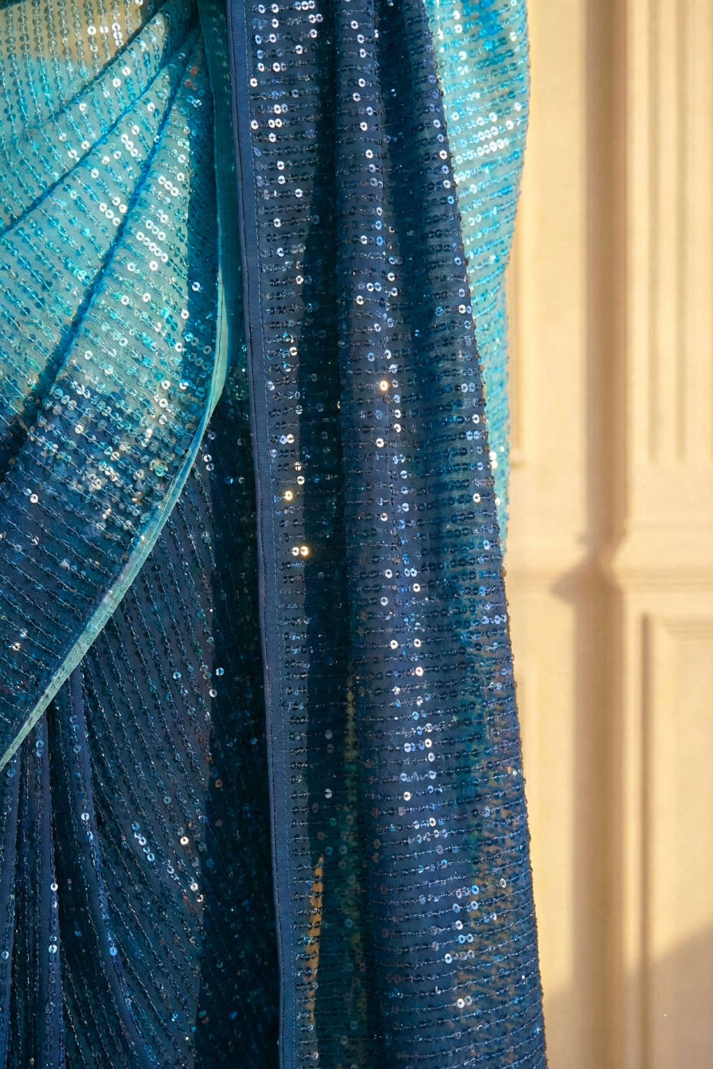 Dhiyona ST Allure Blue Ombre' Knitted Sequin Saree with Blouse Fabric