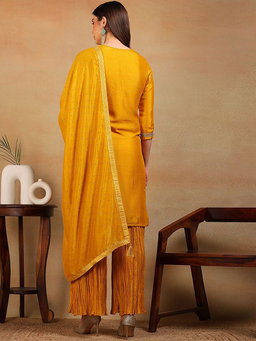 Dhiyona KL Floral Embroidered Sequinned Yoke or Border Straight Kurta Sharara & With Dupatta