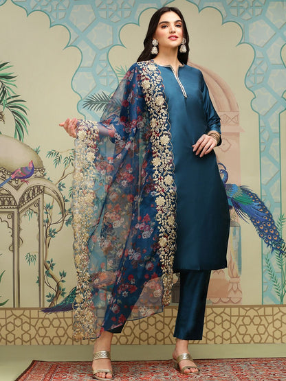 Dhiyona IS Women's Notch Neck Thread Work Silk Crepe Straight Kurta with Trousers & Dupatta