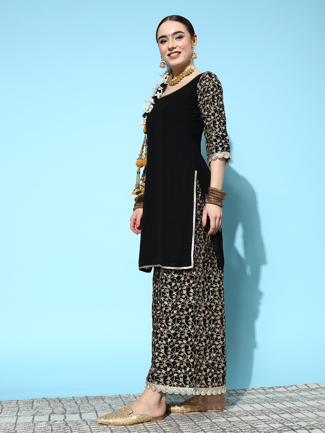 Women Black Thread Work Kurta with Palazzos & Dupatta with Potli