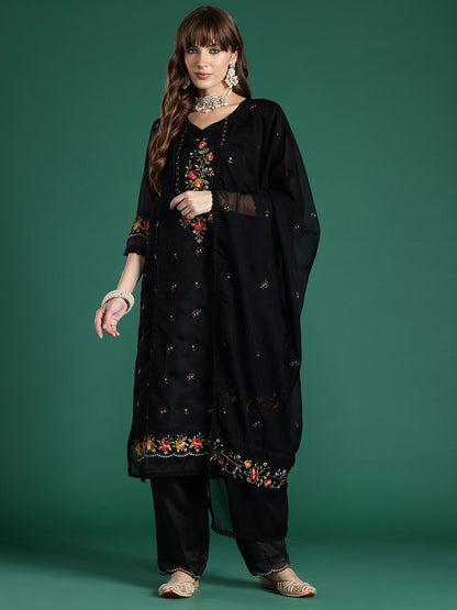 Floral Embroidered Panelled Thread Work Kurta with Trousers & With Dupatta