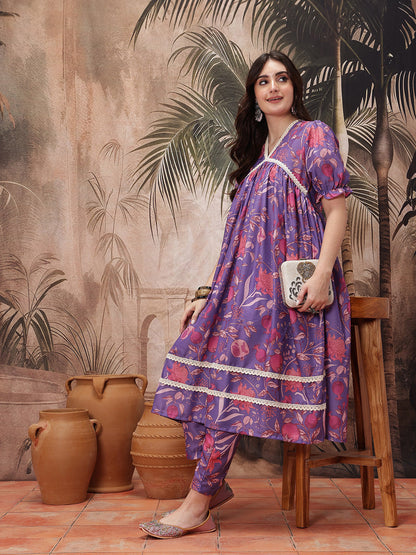 Floral Print Crochet Detail Kurta with Trousers