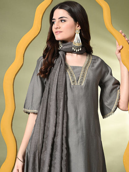 Grey Ethnic Motifs Yoke Design Beads & Stones A-Line Fusion Kurta Set