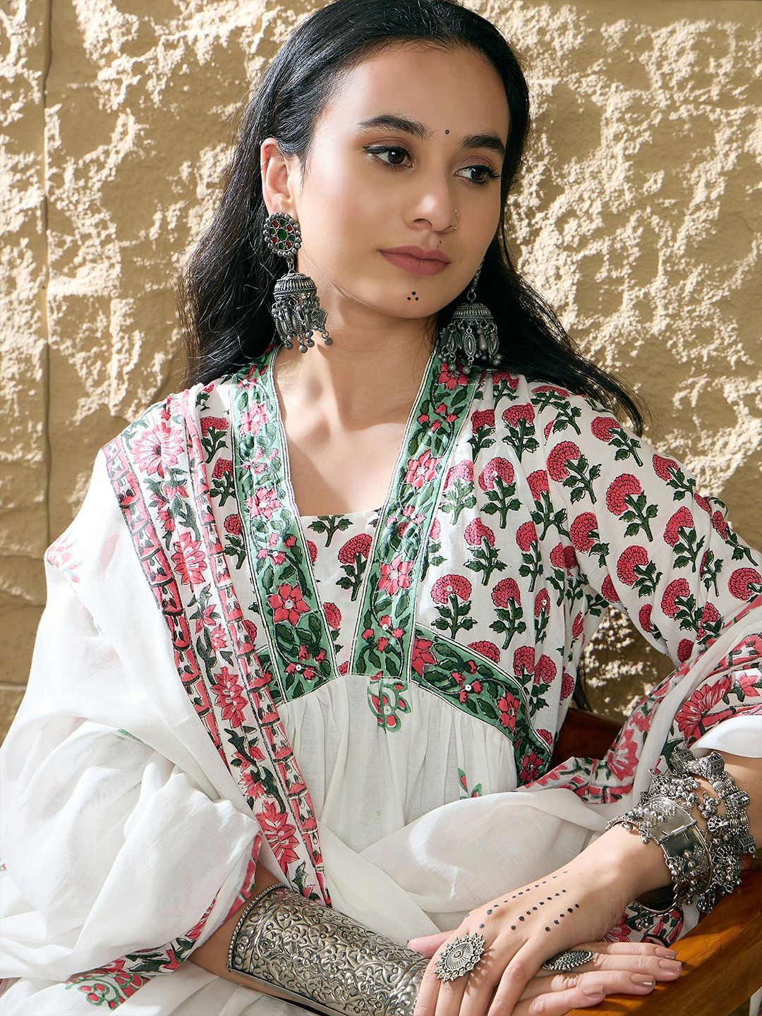 Dhiyona IE Women Ethnic Motifs Printed Empire Mirror Work Pure Cotton Kurta with Trousers & With Dupatta