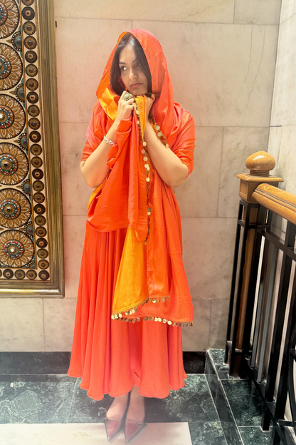 Dhiyona ST 3 pc Suit Set - Orange yellow Dual Shade Satin Anarkali Suit with Glass Beads Neck with Pants and Dupatta