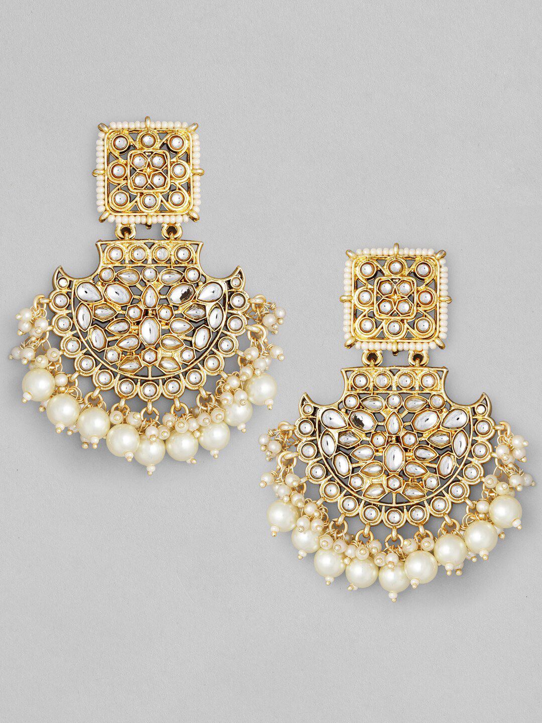Dhiyona RJ Women's Off-White Gold-Plated Kundan-Studded Long Chandbalis with Pearl-Beaded