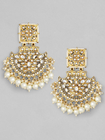 Dhiyona RJ Women's Off-White Gold-Plated Kundan-Studded Long Chandbalis with Pearl-Beaded
