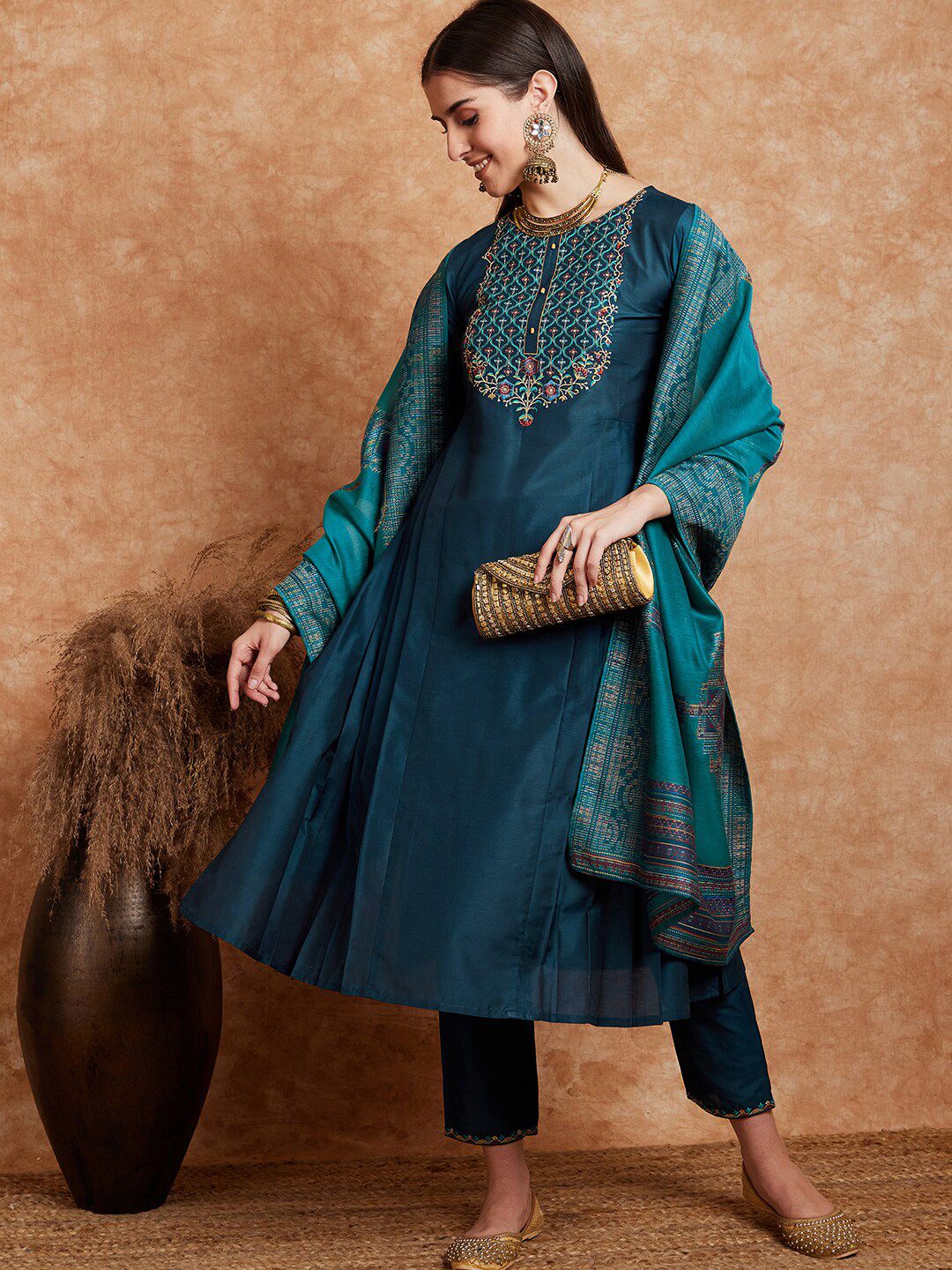 Dhiyona SN Women's Teal Blue Embroidered Zari Sequence A Line Kurta & Trousers Dupatta