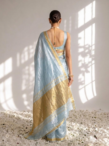 Dhiyona ST Dola Mint Border Silk saree with Zari Border and Blouse Fabric