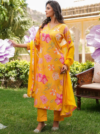 Dhiyona KL Floral Printed V-Neck Thread Work Straight Kurta With Trousers & Dupatta