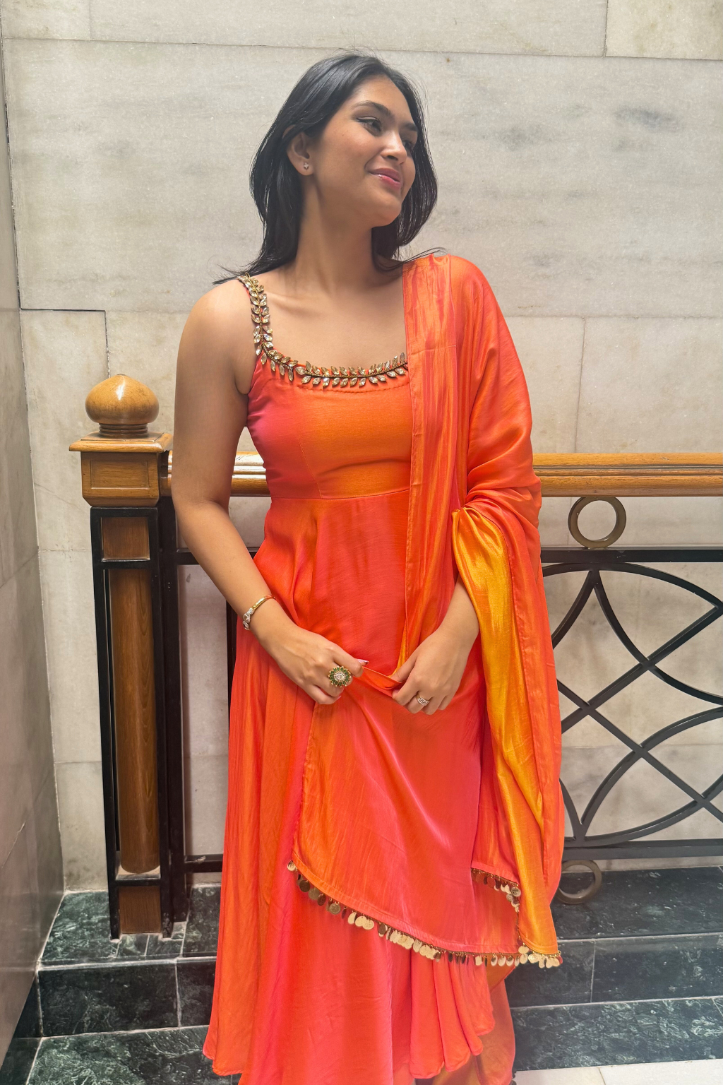 Dhiyona ST 3 pc Suit Set - Orange yellow Dual Shade Satin Anarkali Suit with Glass Beads Neck with Pants and Dupatta