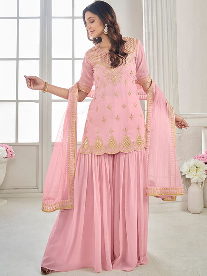 Dhiyona IN Ethnic Motifs Embroidered Regular Thread Work Kurti With Sharara & Dupatta