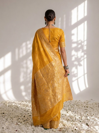 Dhiyona ST Dola Yellow Border Silk saree with Zari Border and Blouse Fabric