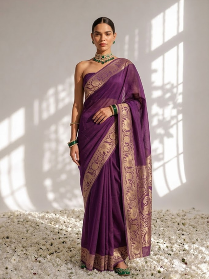 Dhiyona ST Dola Wine Border Silk saree with Zari Border and Blouse Fabric