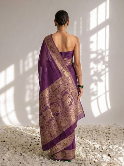 Dhiyona ST Dola Wine Border Silk saree with Zari Border and Blouse Fabric