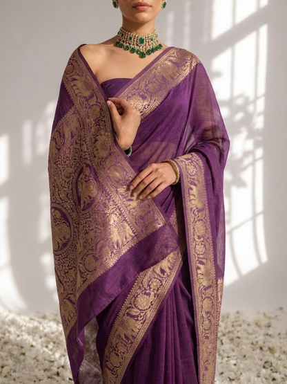 Dhiyona ST Dola Wine Border Silk saree with Zari Border and Blouse Fabric