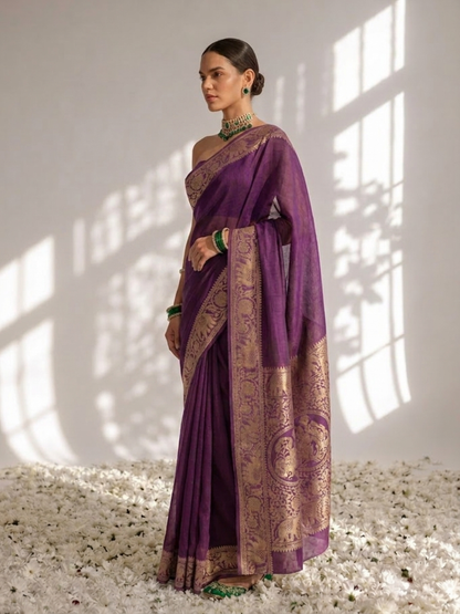 Dhiyona ST Dola Wine Border Silk saree with Zari Border and Blouse Fabric