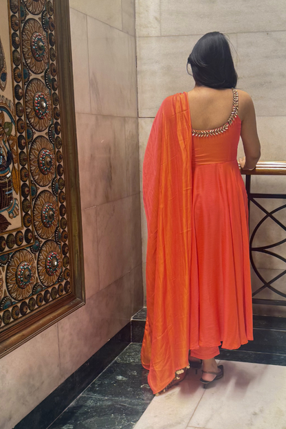 Dhiyona ST 3 pc Suit Set - Orange yellow Dual Shade Satin Anarkali Suit with Glass Beads Neck with Pants and Dupatta