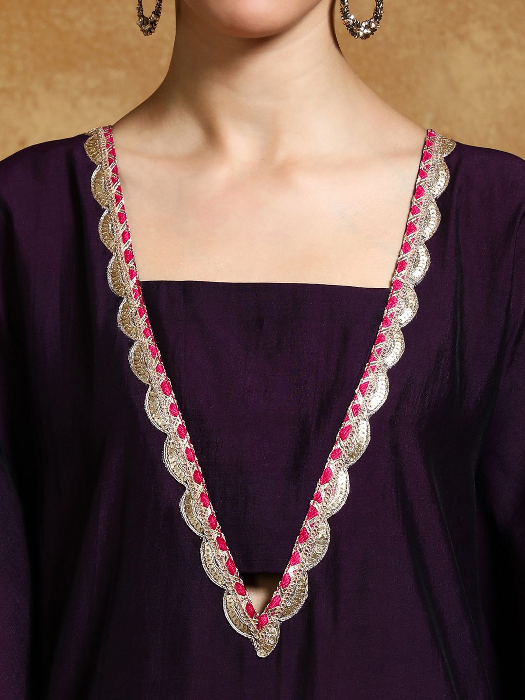 Purple Ethnic Motifs Printed Sequinned Square Neck Kaftan Kurta With Trousers