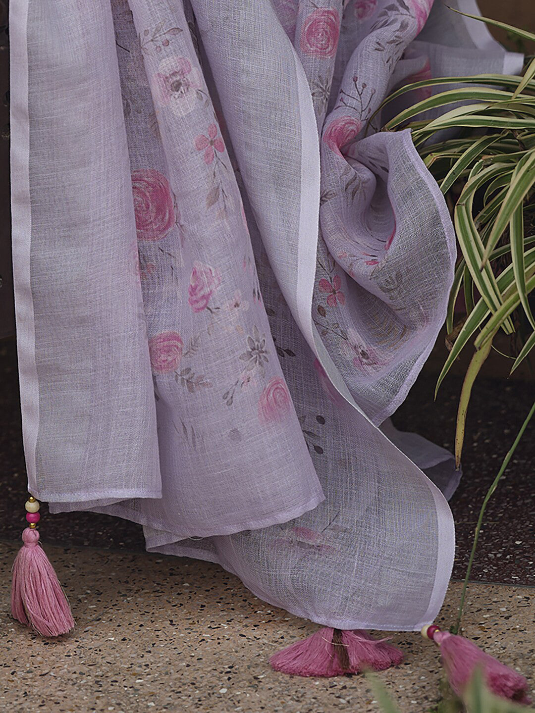 Lavender & Pink Floral Embroidered Thread Work Linen Kurta Set