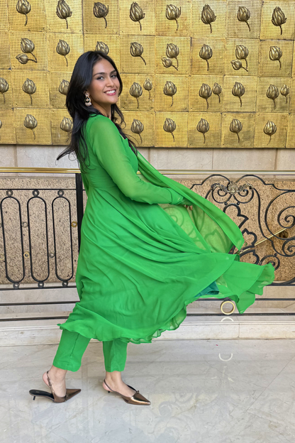 Dhiyona ST 3 pc Suit Set -Chartreuse Georgette Anarkali Long Sleeve Suit with Pants and Dupatta