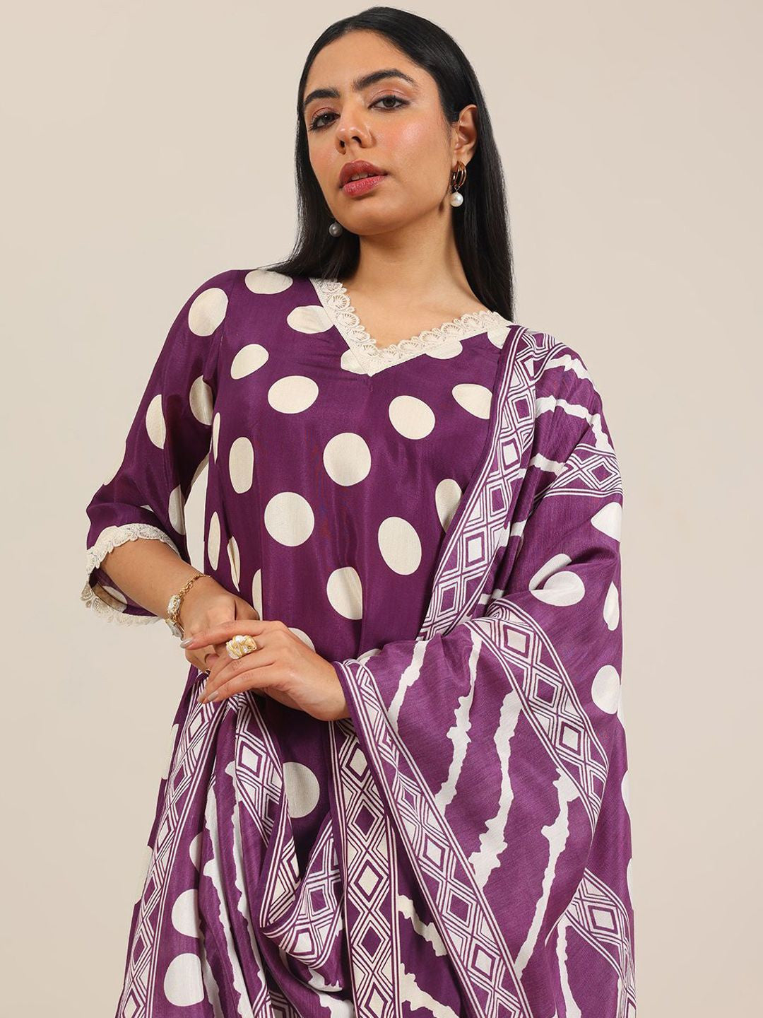 Polka Dot Printed V-Neck Straight Kurta With Trouser & Dupatta