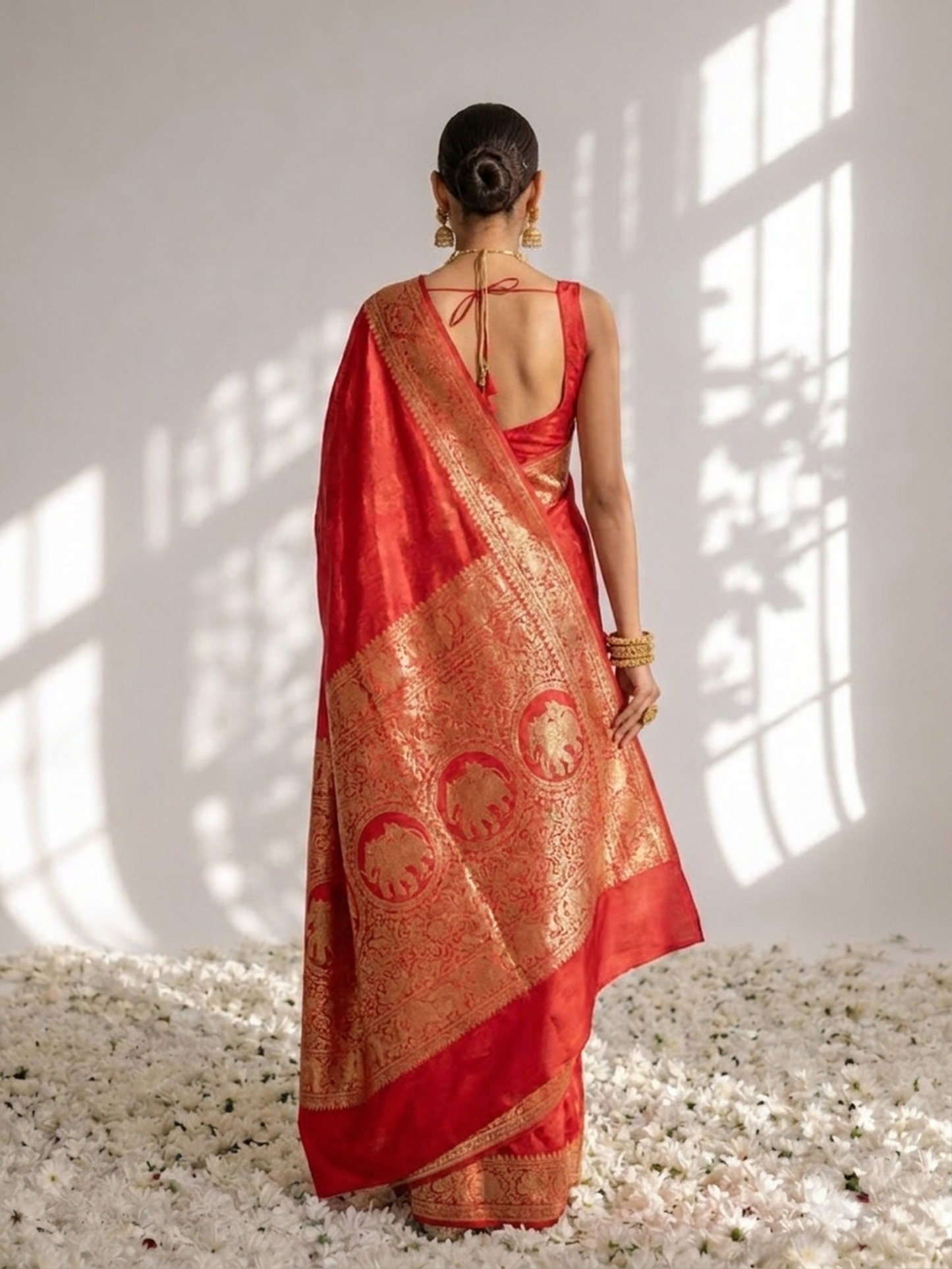 Dhiyona ST Dola Red Border Silk saree with Zari Border and Blouse Fabric