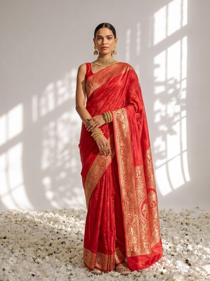 Dhiyona ST Dola Red Border Silk saree with Zari Border and Blouse Fabric