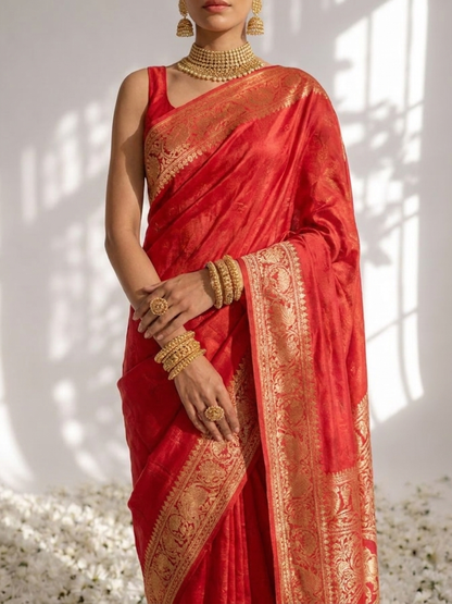 Dhiyona ST Dola Red Border Silk saree with Zari Border and Blouse Fabric